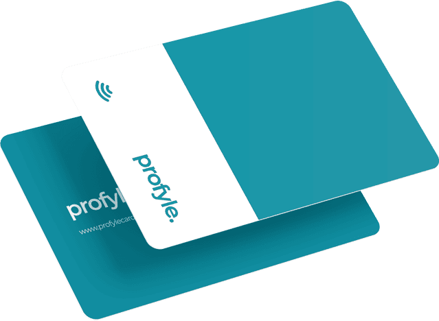 Two digital business cards: one white with a teal stripe and 'profyle.' text, the other teal with 'profyle.' text.