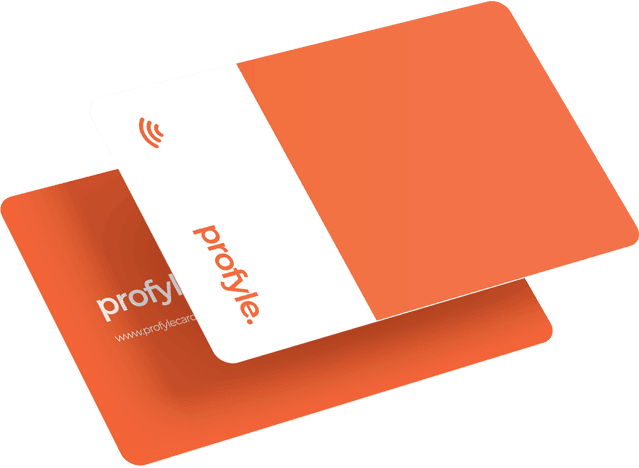 Two Profyle digital business cards, one orange and white with a contactless symbol and 'profyle.' text, the other orange.
