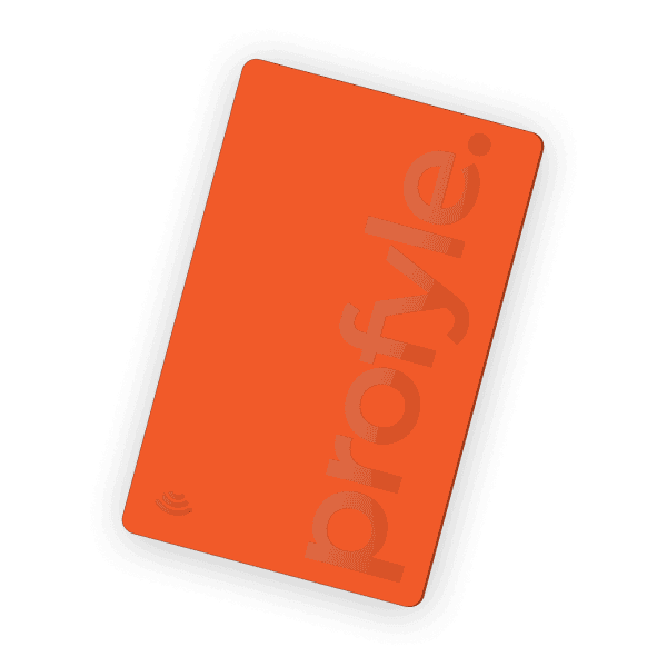 Orange card with 'profyle.' text and a small wireless symbol