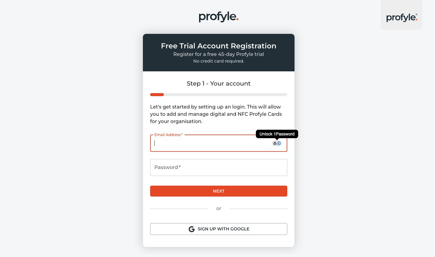 Creating a free trial of Profyle