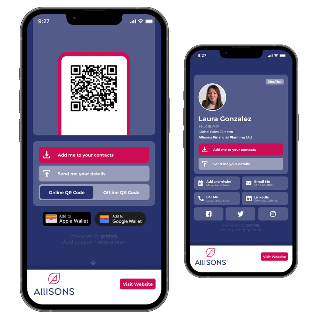 A digital business card for Allisons. Made with Profyle.