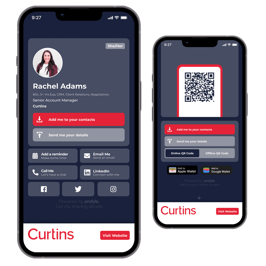 An example of a digital business card from Curtins