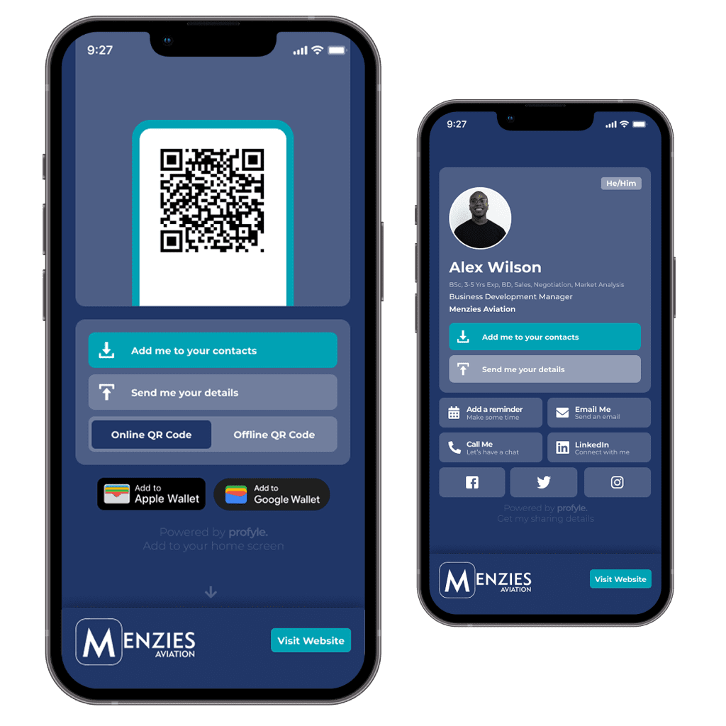A digital business card for Menzies. Made with Profyle.