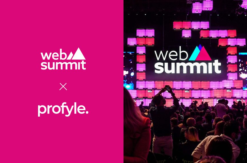 Web Summit and Profyle logos on pink, next to a large screen displaying Web Summit logo above a crowd at an event.