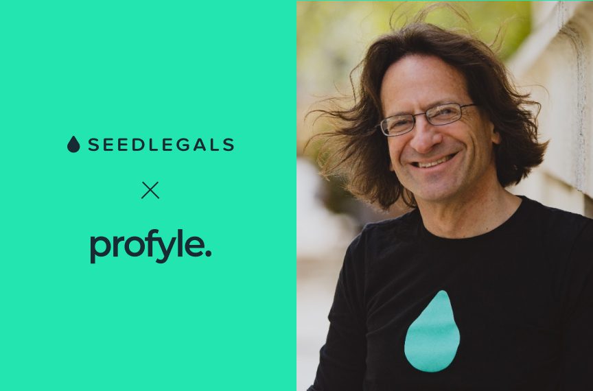 SeedLegals logo, profyle. logo, and a smiling man with long hair and glasses wearing a black shirt with a teal droplet