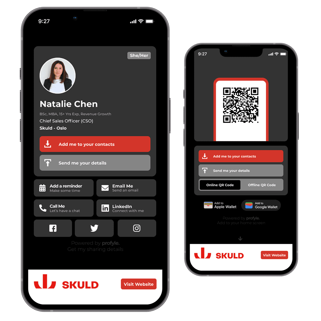 A sample of a digital business card from Skuld