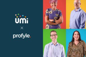 Umi and Profyle logos with four smiling people on colorful backgrounds.