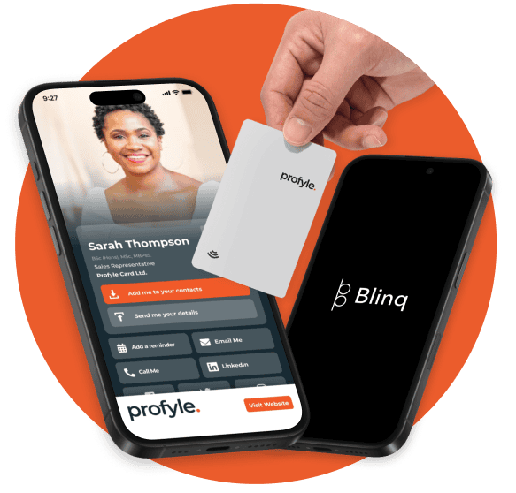 A hand holds a Profyle card near a phone showing a Profyle digital business card. Another phone displays the Blinq logo.
