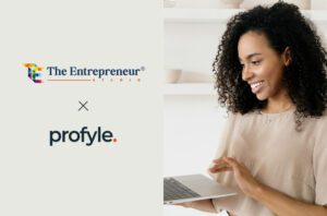 The Entrepreneur Studio logo, an X symbol, profyle. logo, and a smiling woman looking at a laptop.