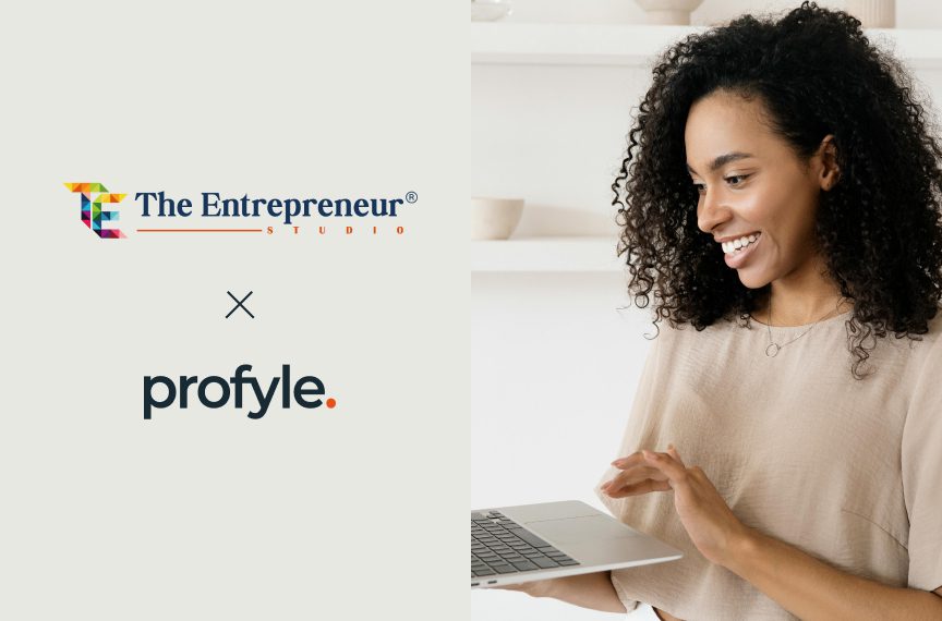 The Entrepreneur Studio logo, an X symbol, profyle. logo, and a smiling woman looking at a laptop.