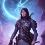 Woman in fantasy armor holding a sword with a glowing blue ring behind her in a purple landscape.
