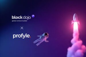 Block Dojo and Profyle logos with an astronaut and a launching rocket.