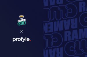 Ramen Club logo with a noodle bowl, and profyle. logo with a red dot, separated by an X.