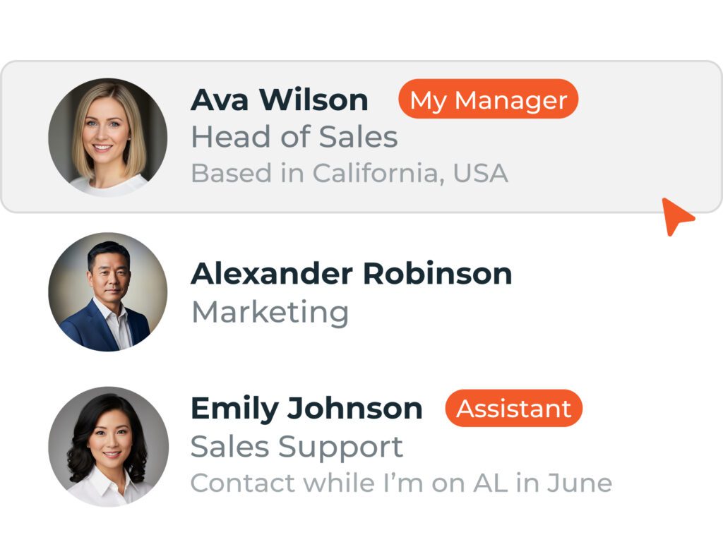 Three professional profiles showing names, roles, locations, and notes, including Ava Wilson, Alexander Robinson, and Emily