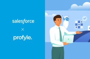 Salesforce x Profyle text, illustrated man with laptop, robot, and data elements.