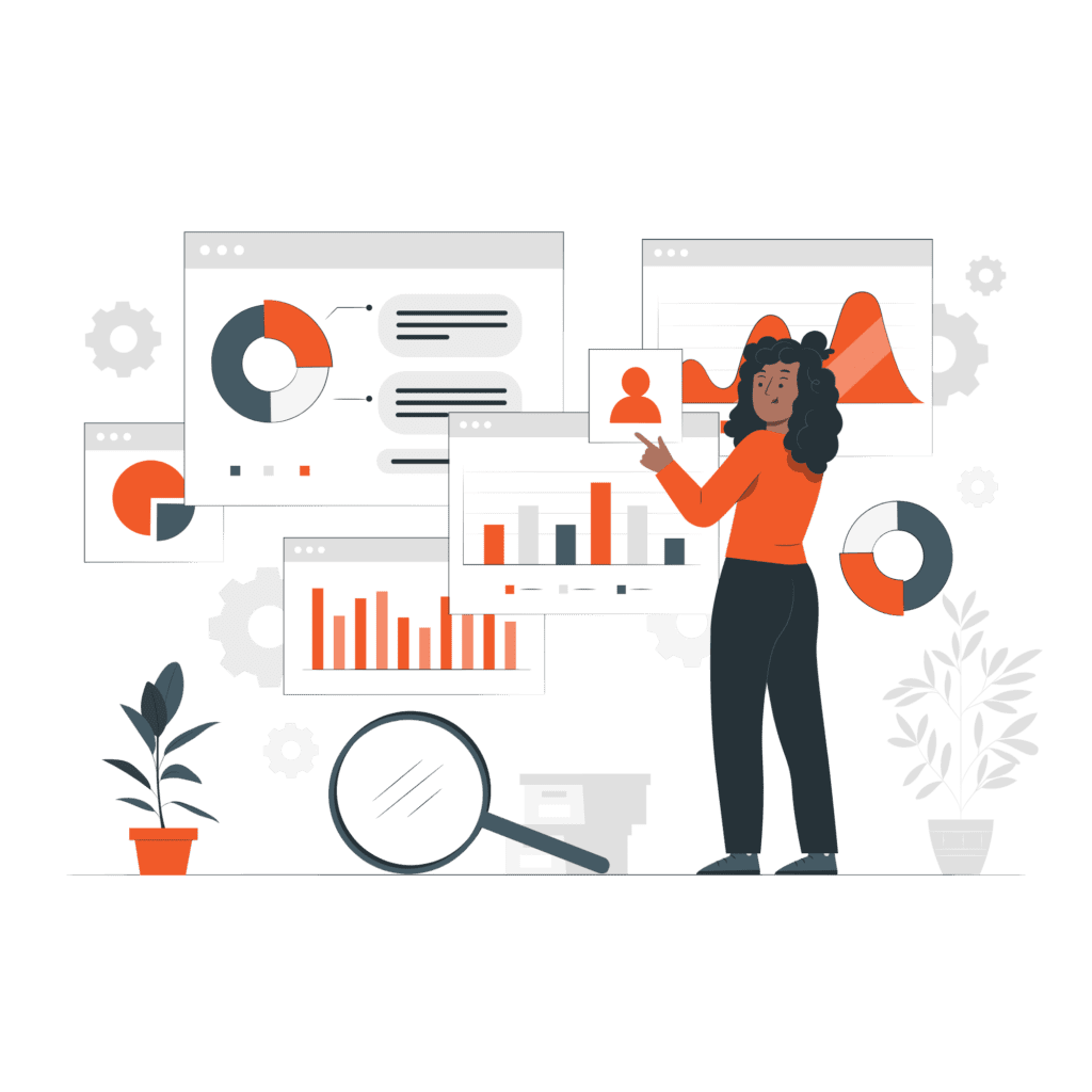 Person pointing at screens displaying various data charts, graphs, and information, with a magnifying glass and plants
