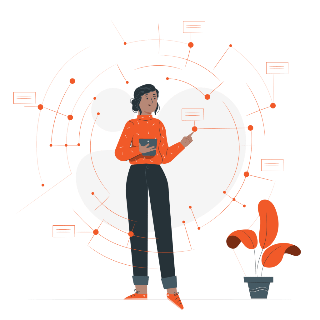 Woman with tablet pointing at a network of data points