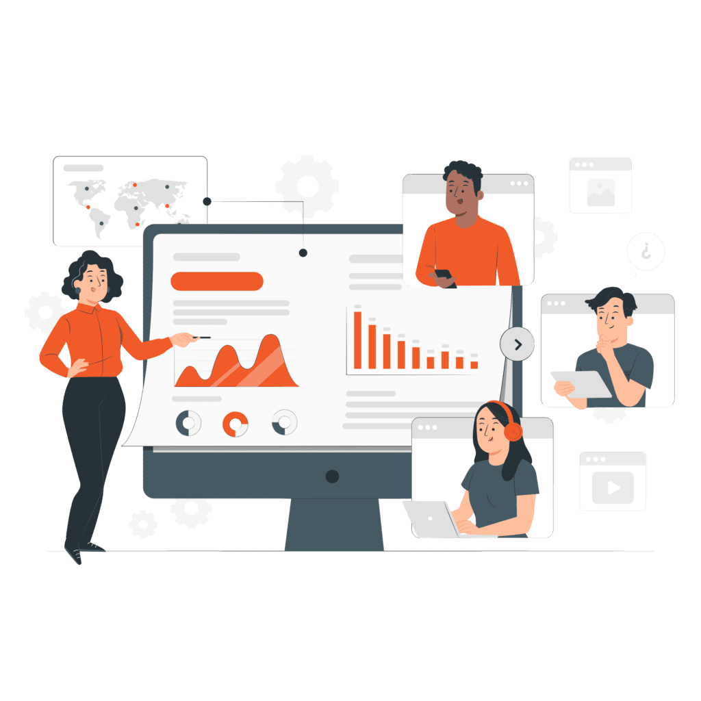 Woman presents data on a large monitor with charts and graphs, while a remote team collaborates via smaller screens.
