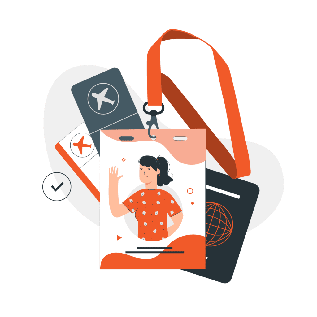 Illustration of an ID card on an orange lanyard, two airplane tickets, a passport, and a checkmark.