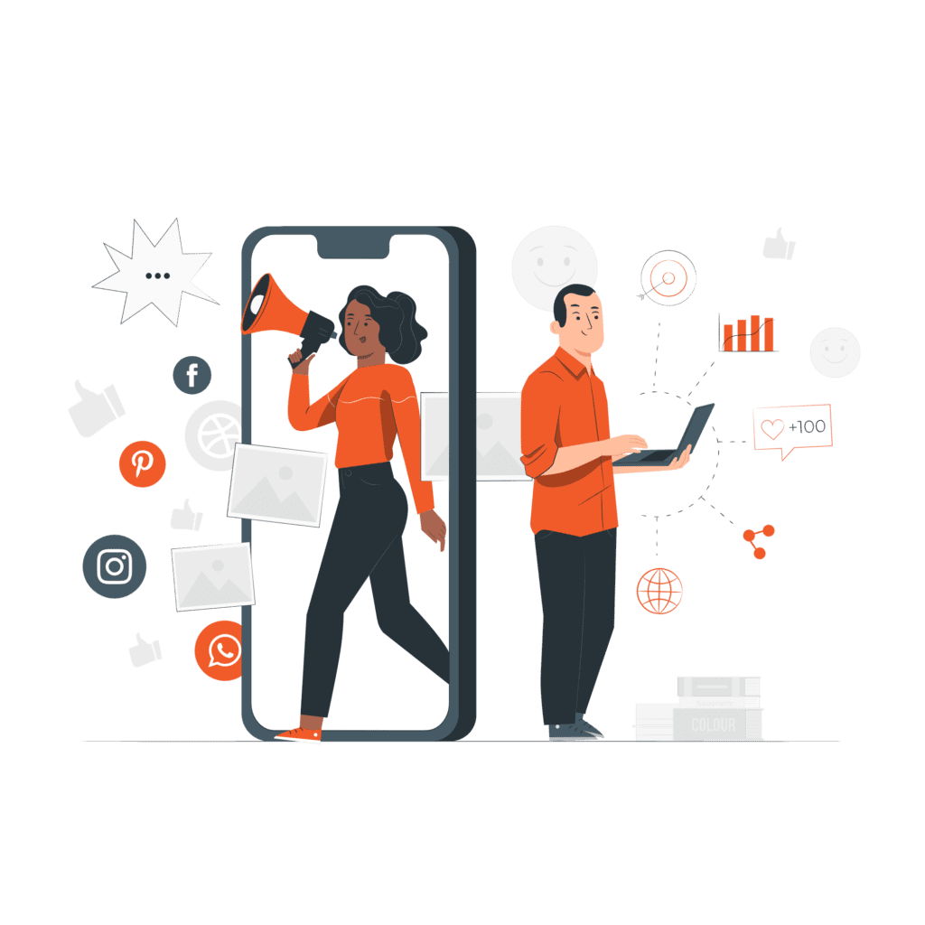 Woman with megaphone emerging from phone, social media icons. Man with laptop connected to charts and engagement icons.