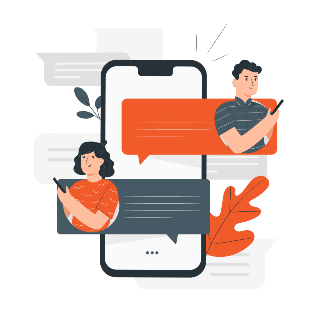 Illustration of a smartphone with two people exchanging messages, surrounded by speech bubbles and foliage.