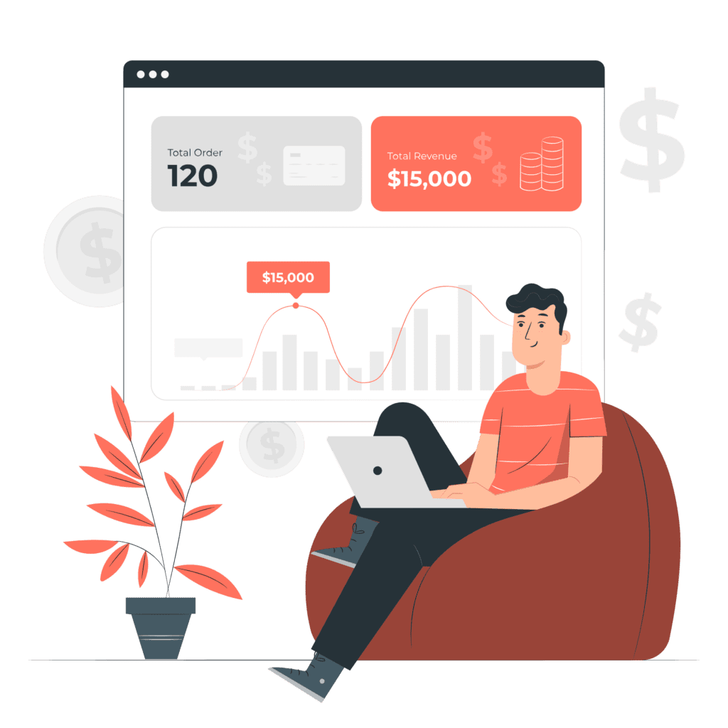 Man on laptop viewing a dashboard with total orders, total revenue, and a financial graph.