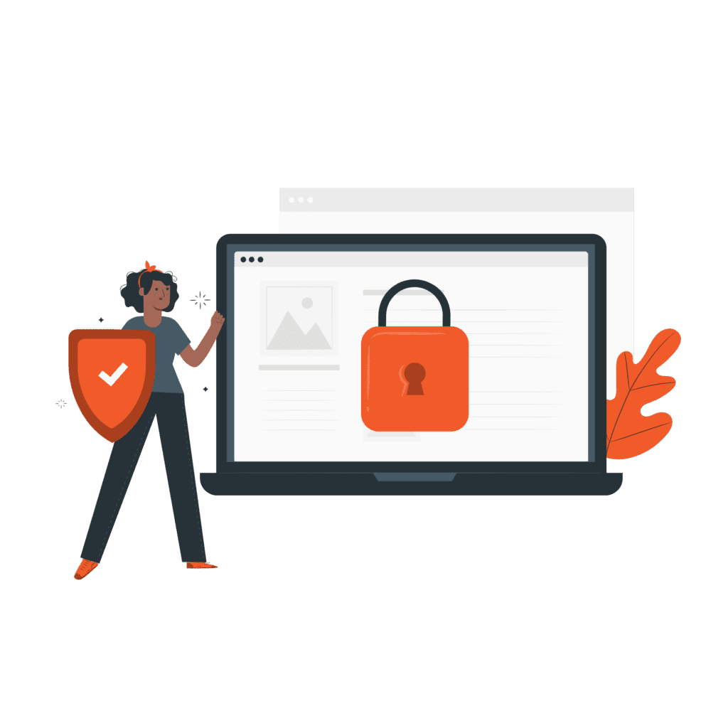Person holding a shield next to a laptop with a padlock on its screen, symbolizing online security.