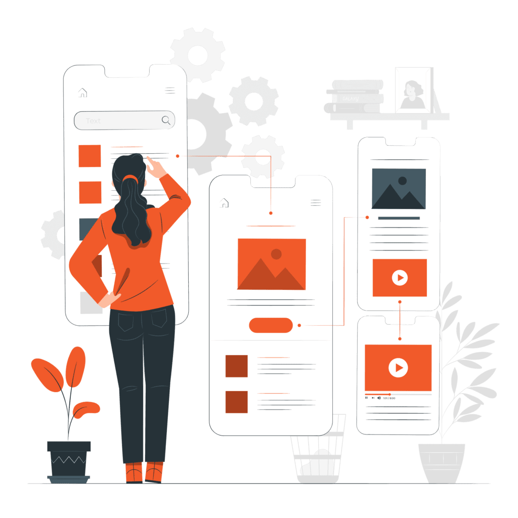 Woman interacting with mobile app screens showing user flow and interface elements.