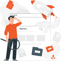 Man with magnifying glass looking at a search bar, with a rocket flying above and various document icons around.