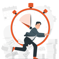 Man running frantically past flying papers with a large ticking stopwatch and a calendar in the background.