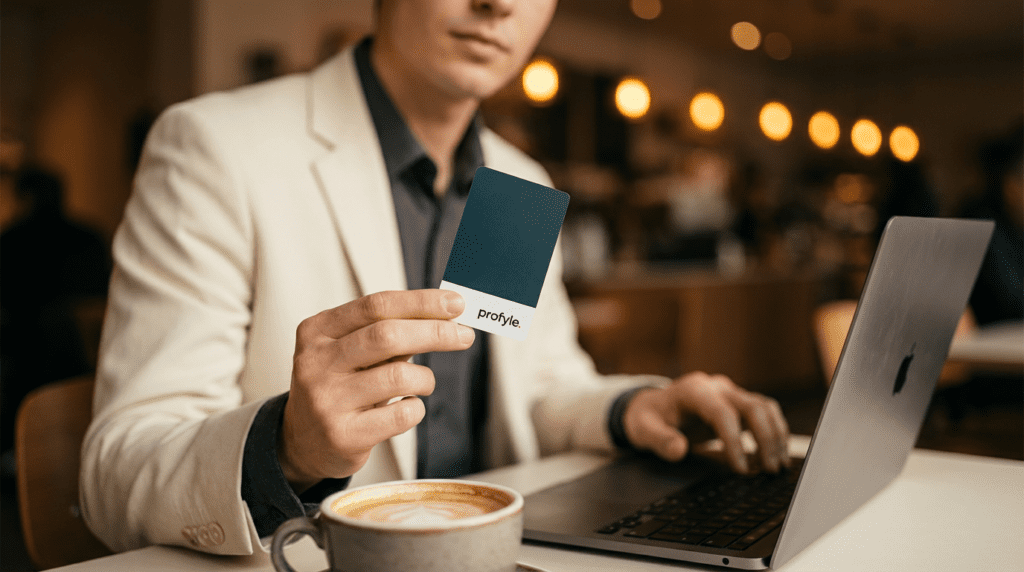 Man holding a 'profyle.' card, working on a laptop in a cafe with a coffee cup.