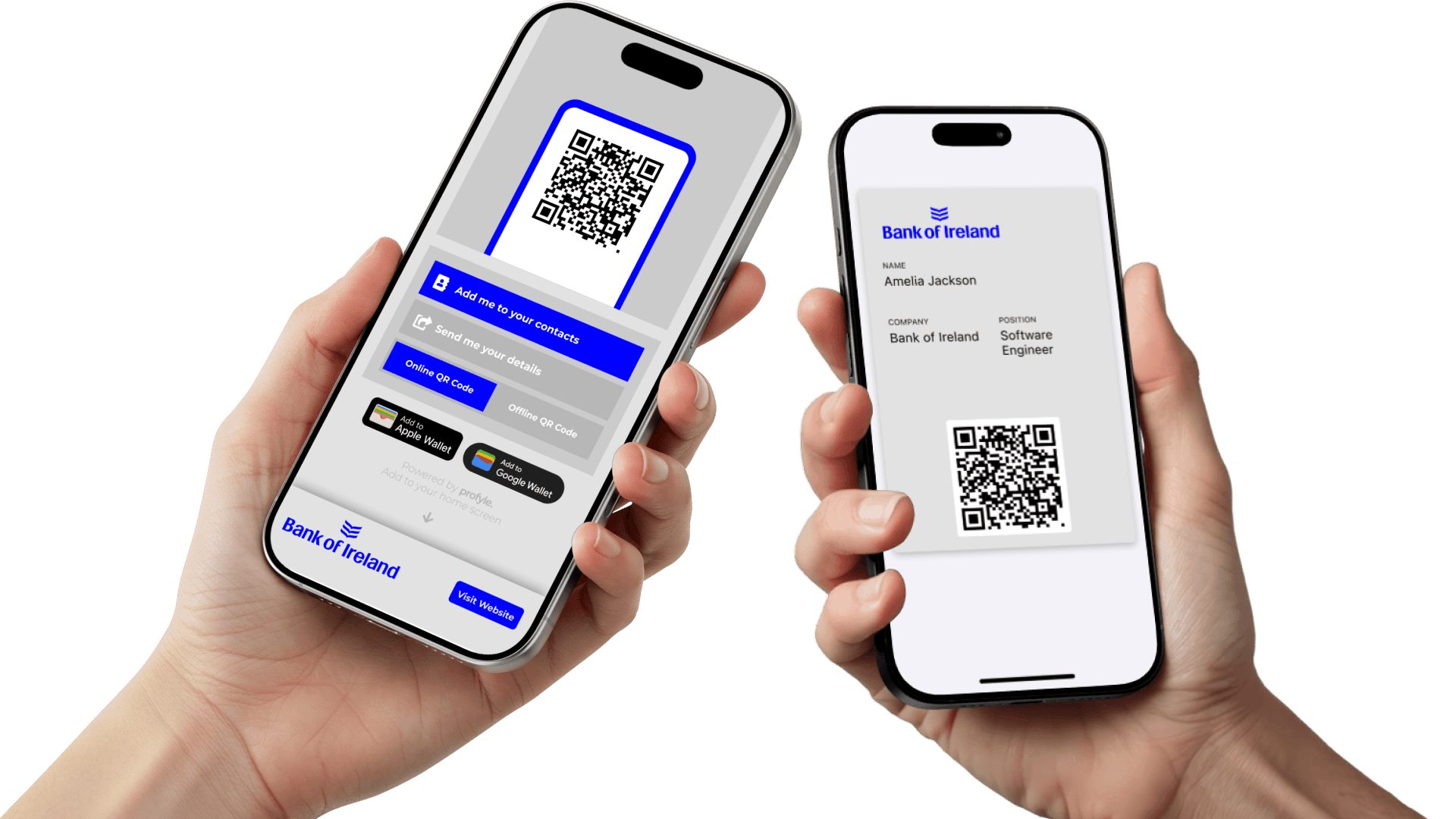 Hands holding phones displaying Bank of Ireland digital business cards with QR codes and contact options.