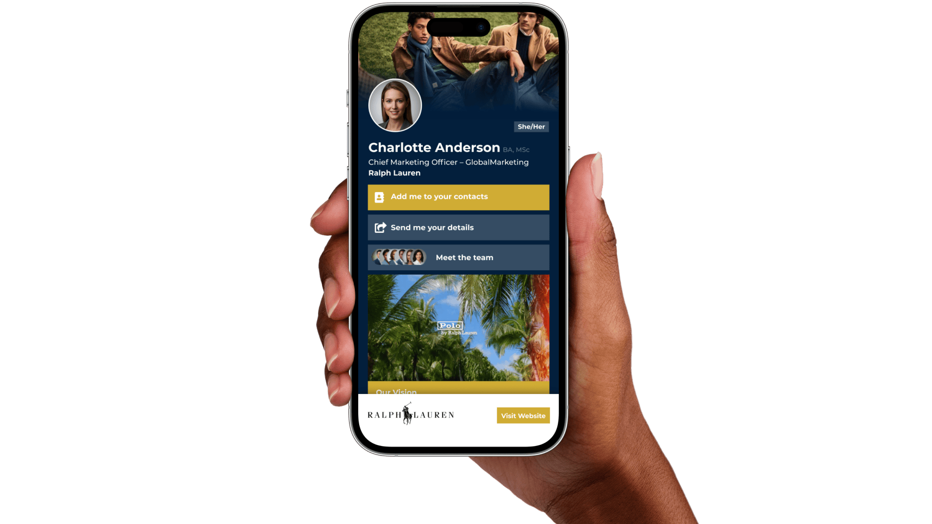 Hand holding smartphone displaying a profile for Charlotte Anderson, Chief Marketing Officer at Ralph Lauren, with contact