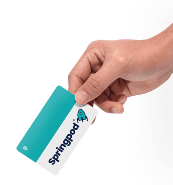 Hand holding a white and teal Springpod card with rocket logo and Wi-Fi symbol