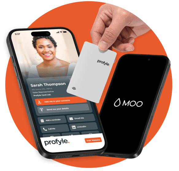 Profyle digital business card app on a smartphone, a Profyle physical card, and a smartphone displaying the MOO logo.